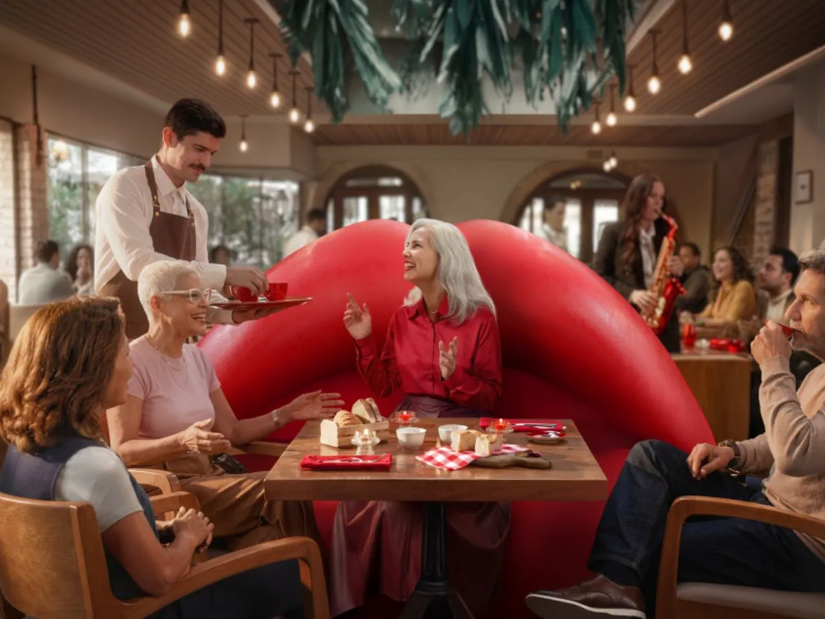 Woman using Signia MaX hearing aids in a restaurant with friends