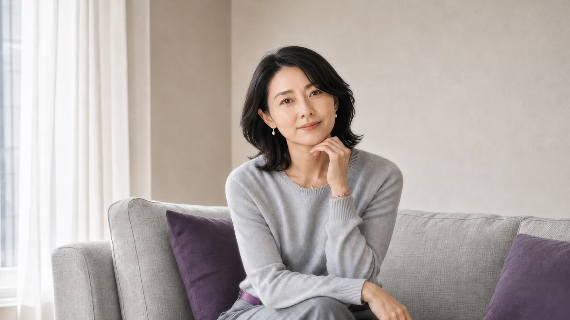 脚を組んでソファに座る女性