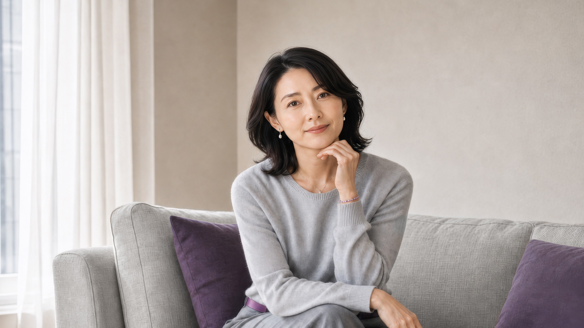 脚を組んでソファに座る女性