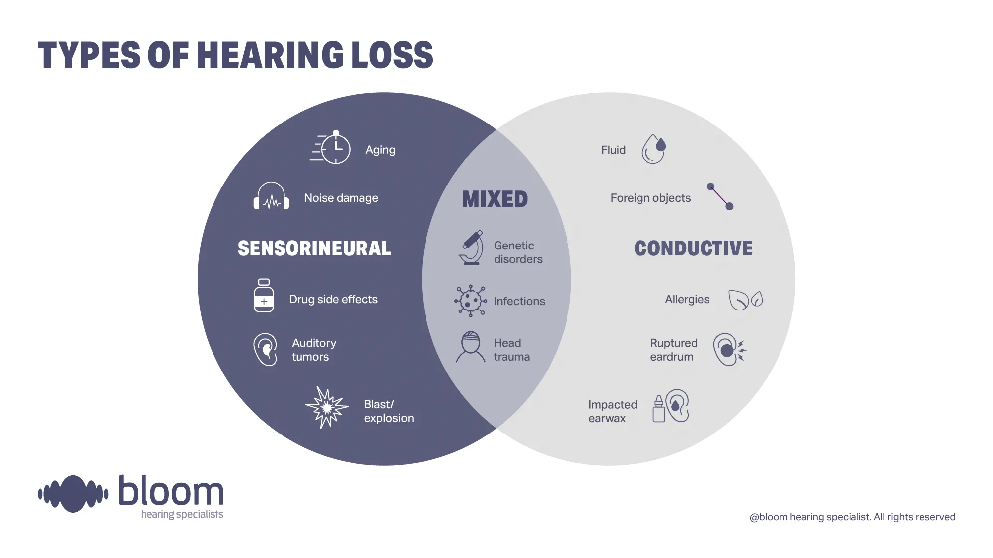 Illustration comparing sensorineural, conductive, and mixed hearing loss, highlighting causes for each part.