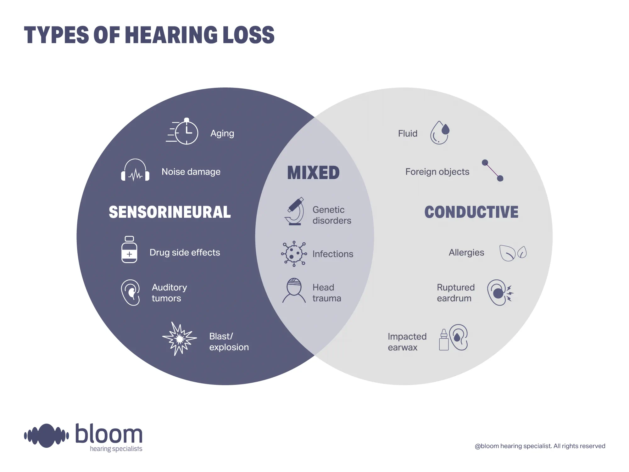 Illustration comparing sensorineural, conductive, and mixed hearing loss, highlighting causes for each part.