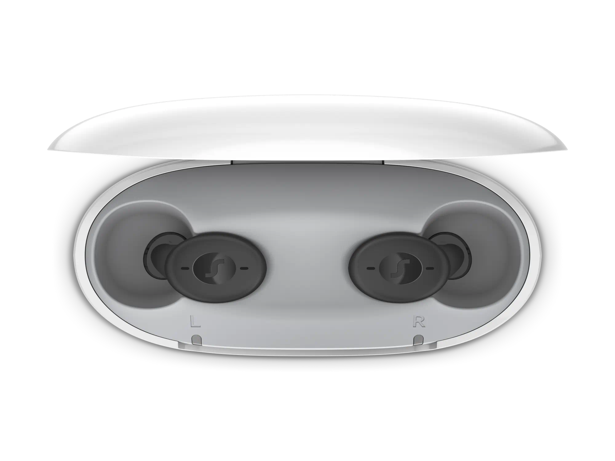 Wireless earbuds designed for people with hearing loss, offering discreet hearing-aids functionality in a sleek charging case.