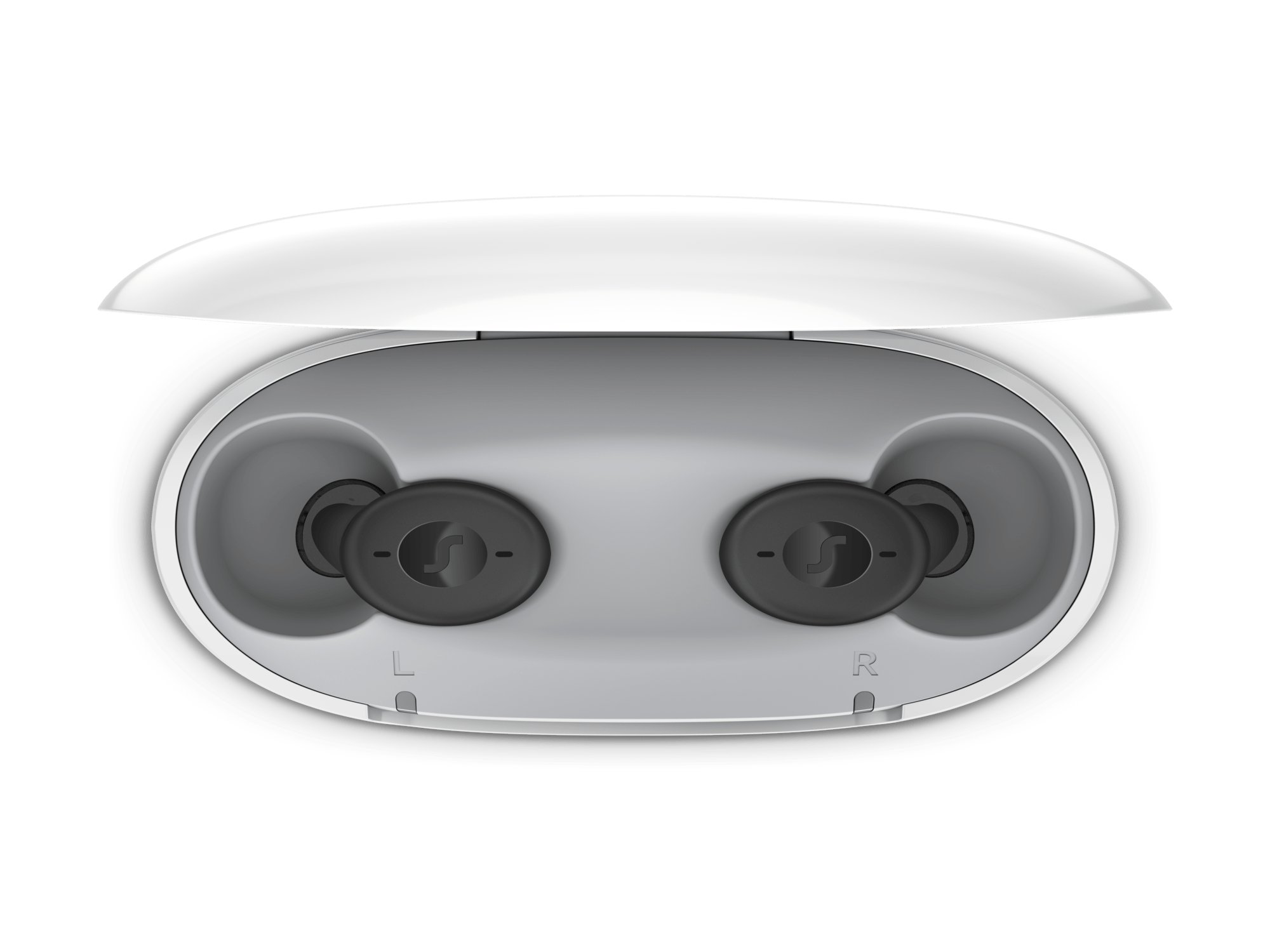 Wireless earbuds designed for people with hearing loss, offering discreet hearing-aids functionality in a sleek charging case.