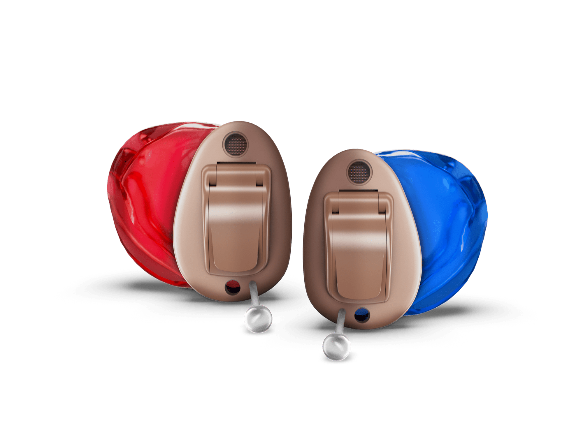 Pair of in-the-ear hearing-aids for hearing-loss, featuring red and blue casings with beige faceplates and easy removal tabs.