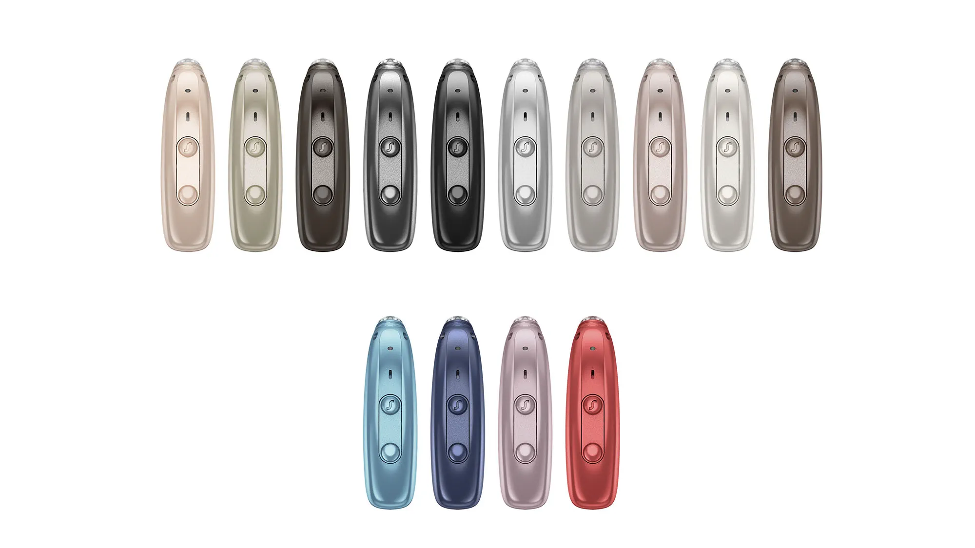 Signia Motion Charge&Go IX hearing aids shown in 14 different colours to match skin, hair or style.