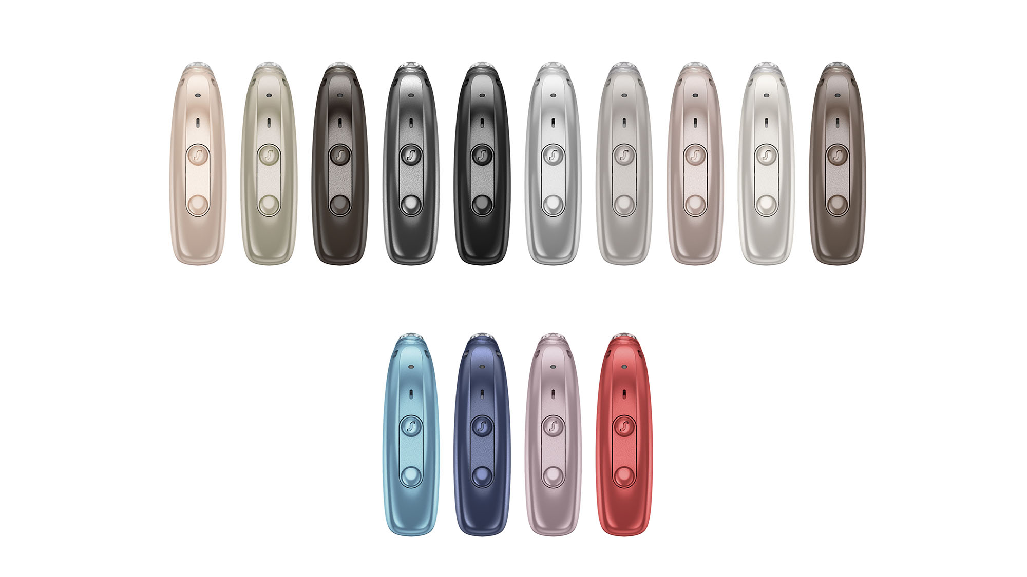 Signia Motion Charge&Go IX hearing aids shown in 14 different colours to match skin, hair or style.