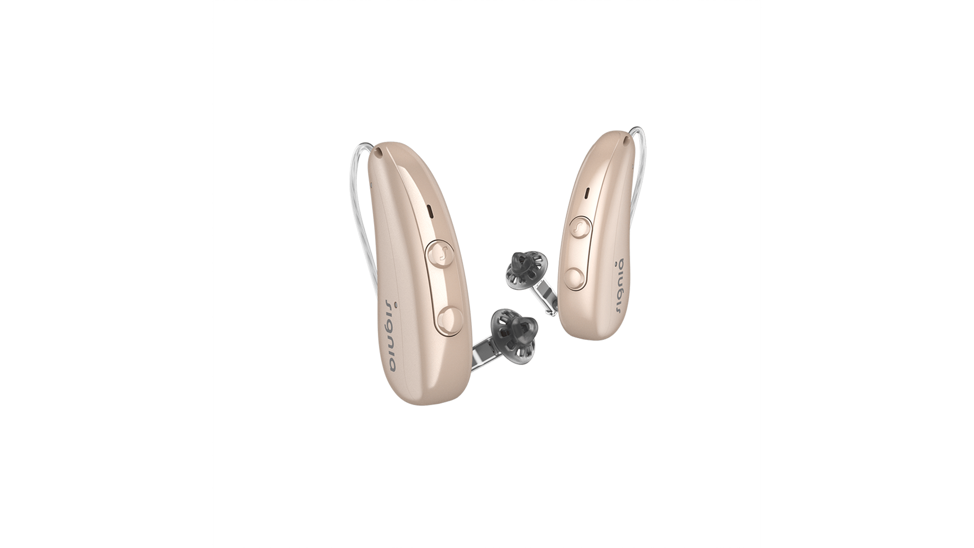 Signia RIC Pure Charge&Go hearing aids in beige - sitting tiny and descreet behind your ear.
