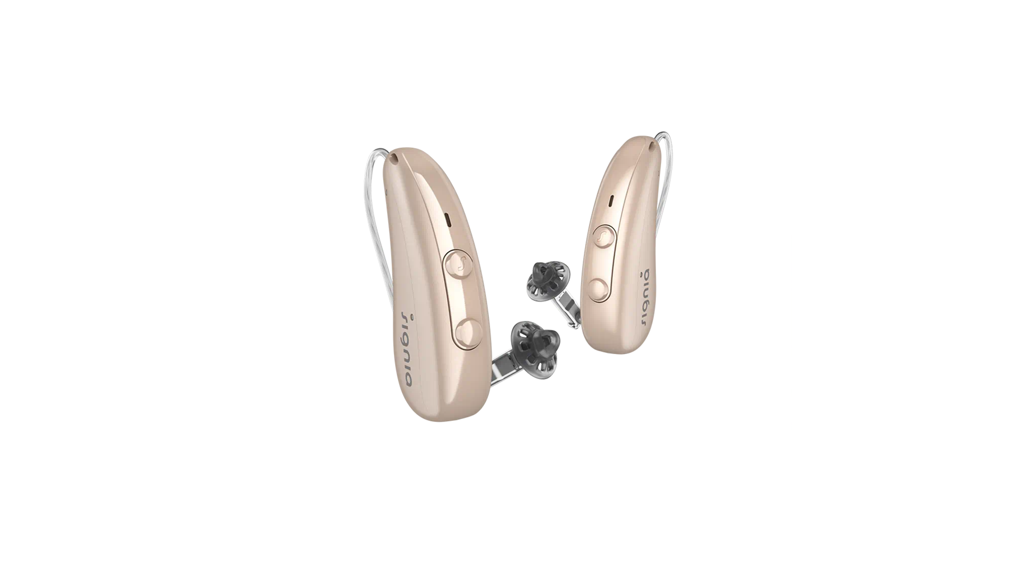 Signia RIC Pure Charge&Go hearing aids in beige - sitting tiny and descreet behind your ear.
