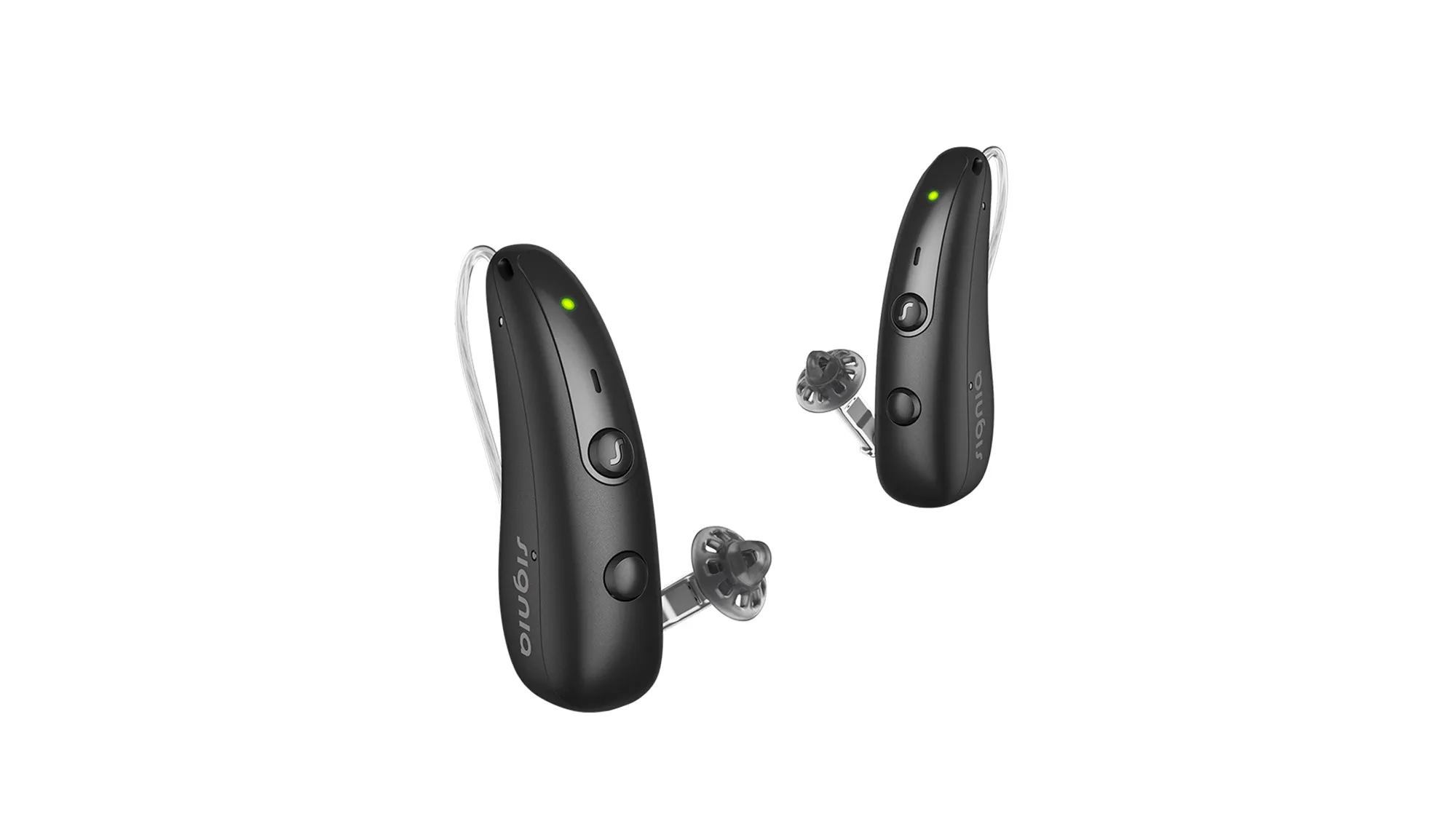 Signia RIC Pure Charge&Go hearing aids in black - sitting tiny and descreet behind your ear.