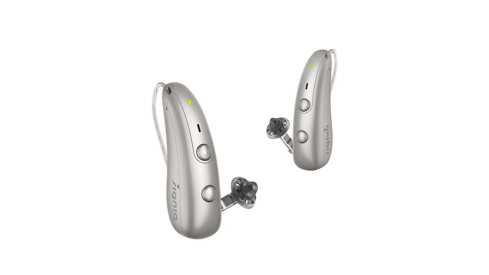 Signia RIC Pure Charge&Go hearing aids in dark champagne - sitting tiny and descreet behind your ear.