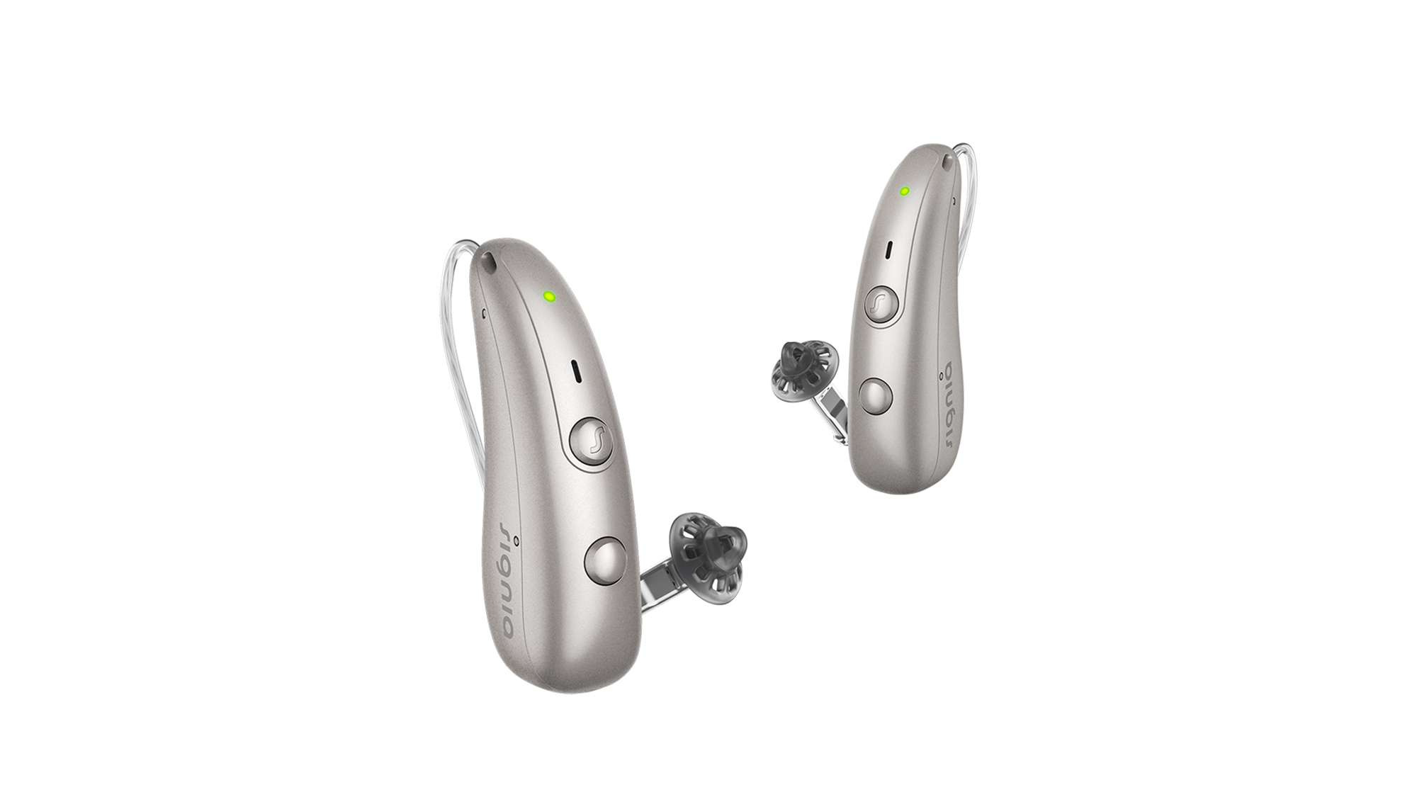 Signia RIC Pure Charge&Go hearing aids in dark champagne - sitting tiny and descreet behind your ear.
