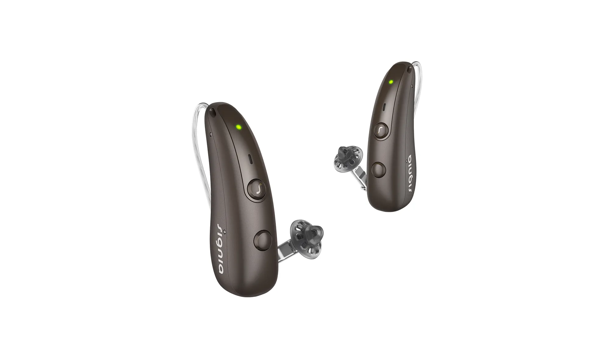 Signia RIC Pure Charge&Go hearing aids in deep brown - sitting tiny and descreet behind your ear.