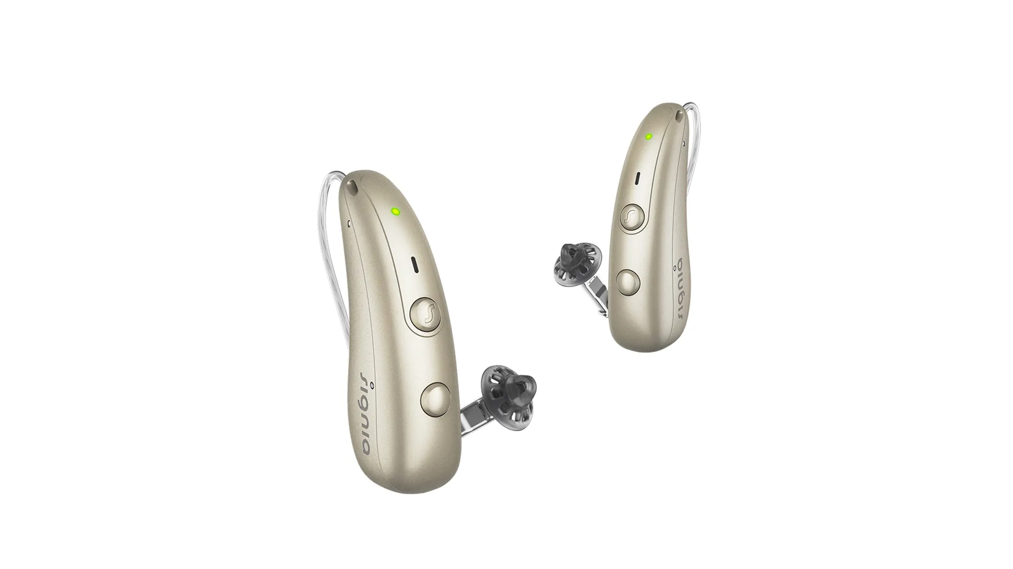 Signia RIC Pure Charge&Go hearing aids in fine gold - sitting tiny and descreet behind your ear.
