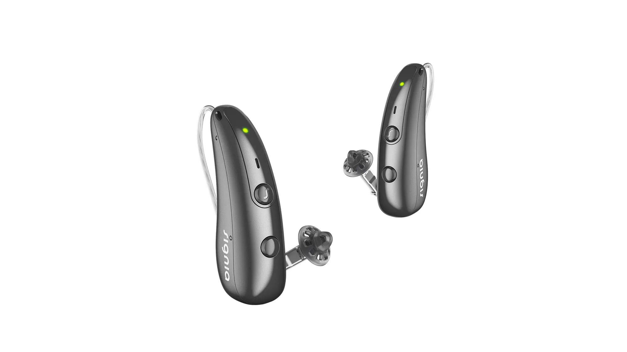 Signia RIC Pure Charge&Go hearing aids in graphite - sitting tiny and descreet behind your ear.
