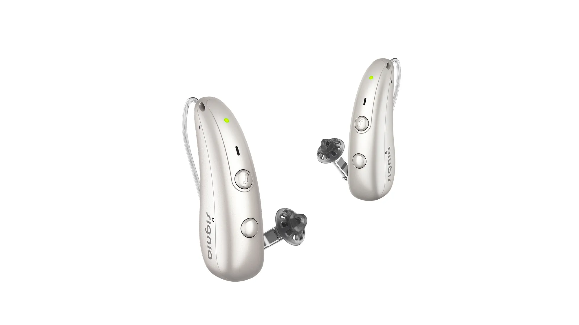 Signia RIC Pure Charge&Go hearing aids in pearl white - sitting tiny and descreet behind your ear.