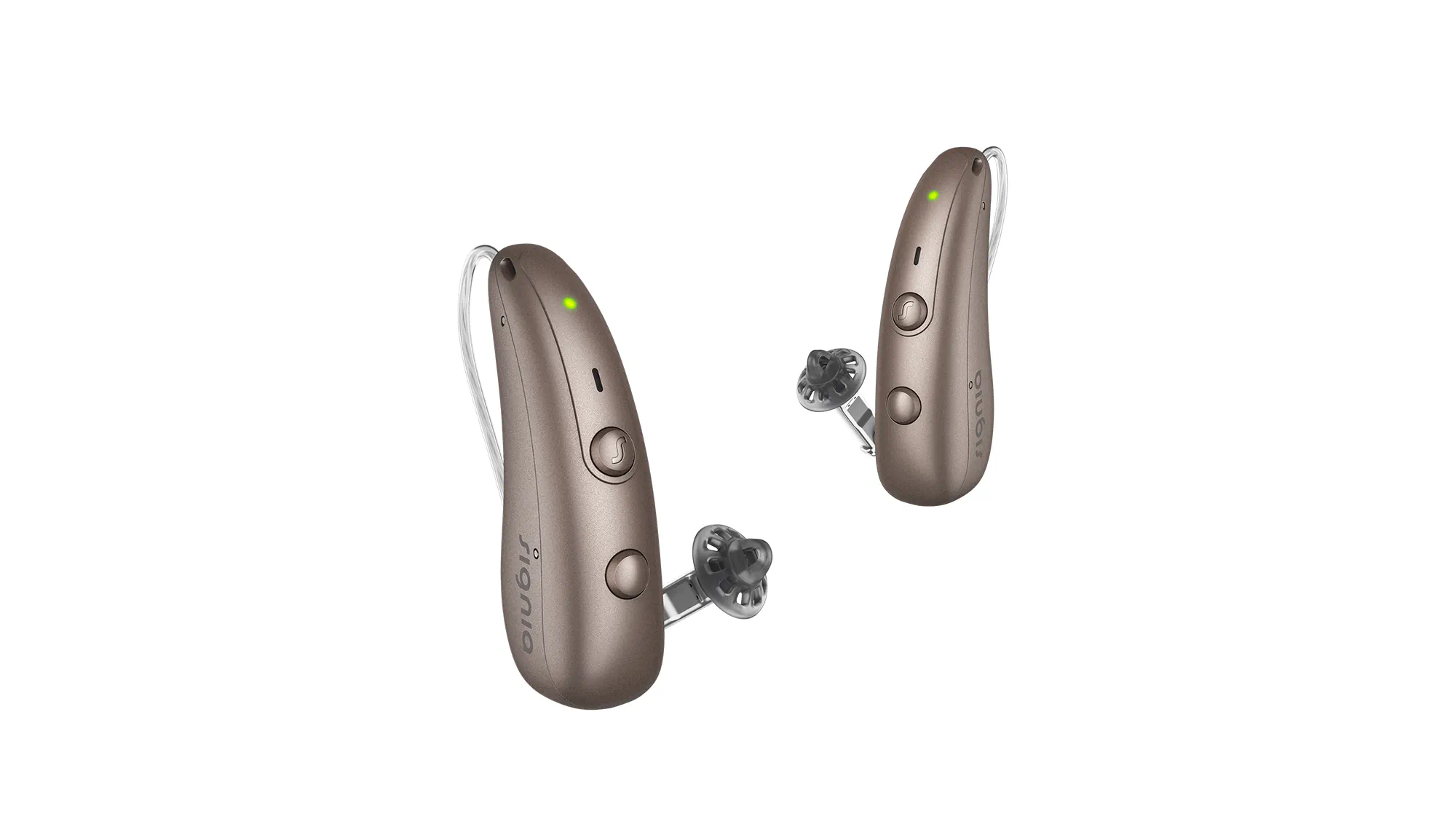 Signia RIC Pure Charge&Go hearing aids in sandy brown - sitting tiny and descreet behind your ear.