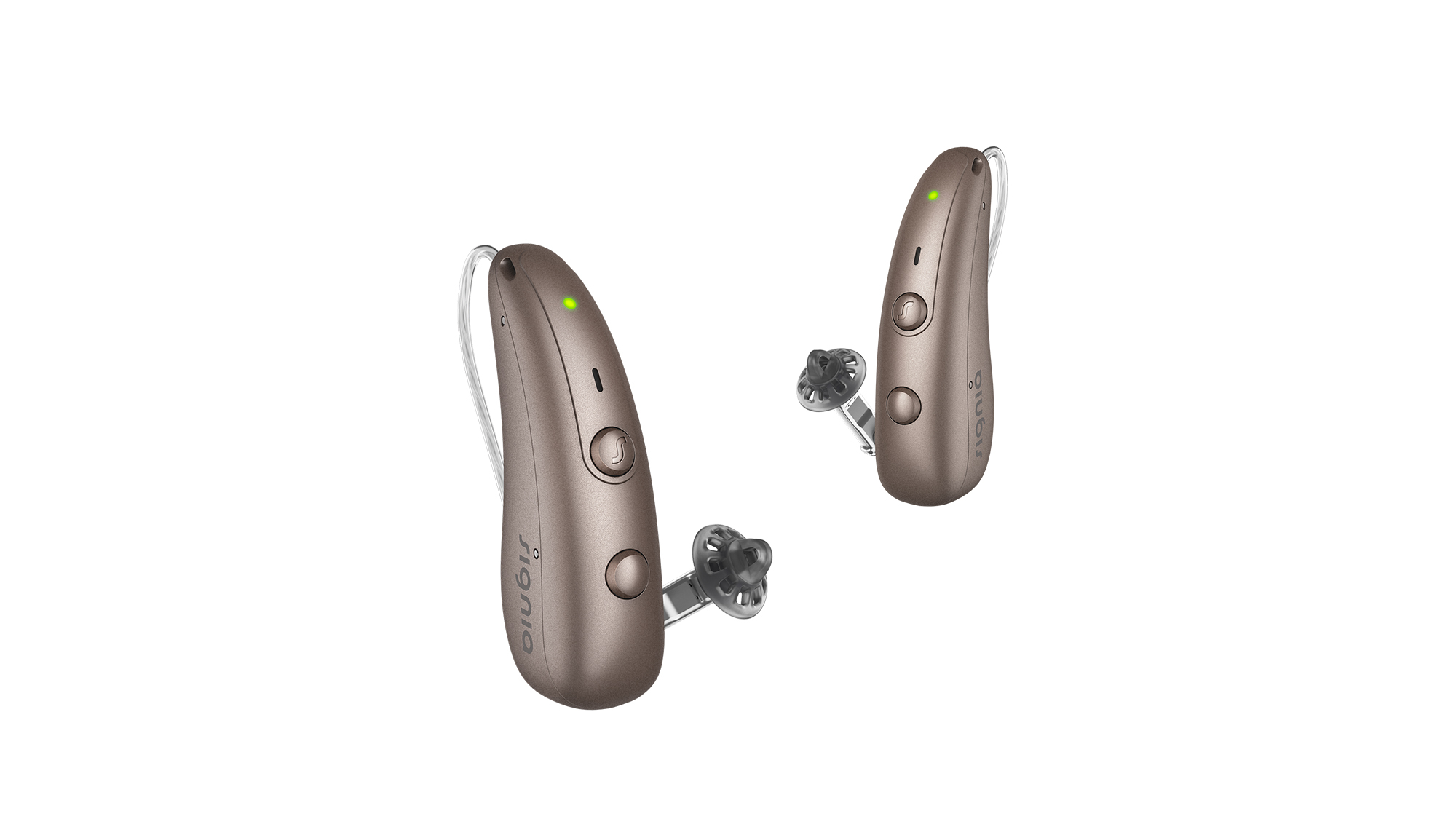Signia RIC Pure Charge&Go hearing aids in sandy brown - sitting tiny and descreet behind your ear.