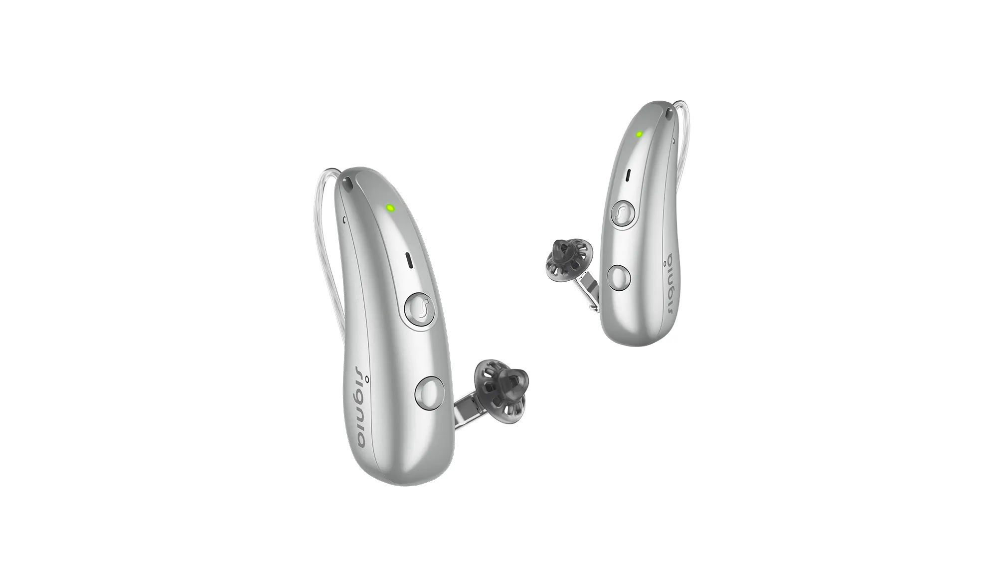 Signia RIC Pure Charge&Go hearing aids in silver - sitting tiny and descreet behind your ear.