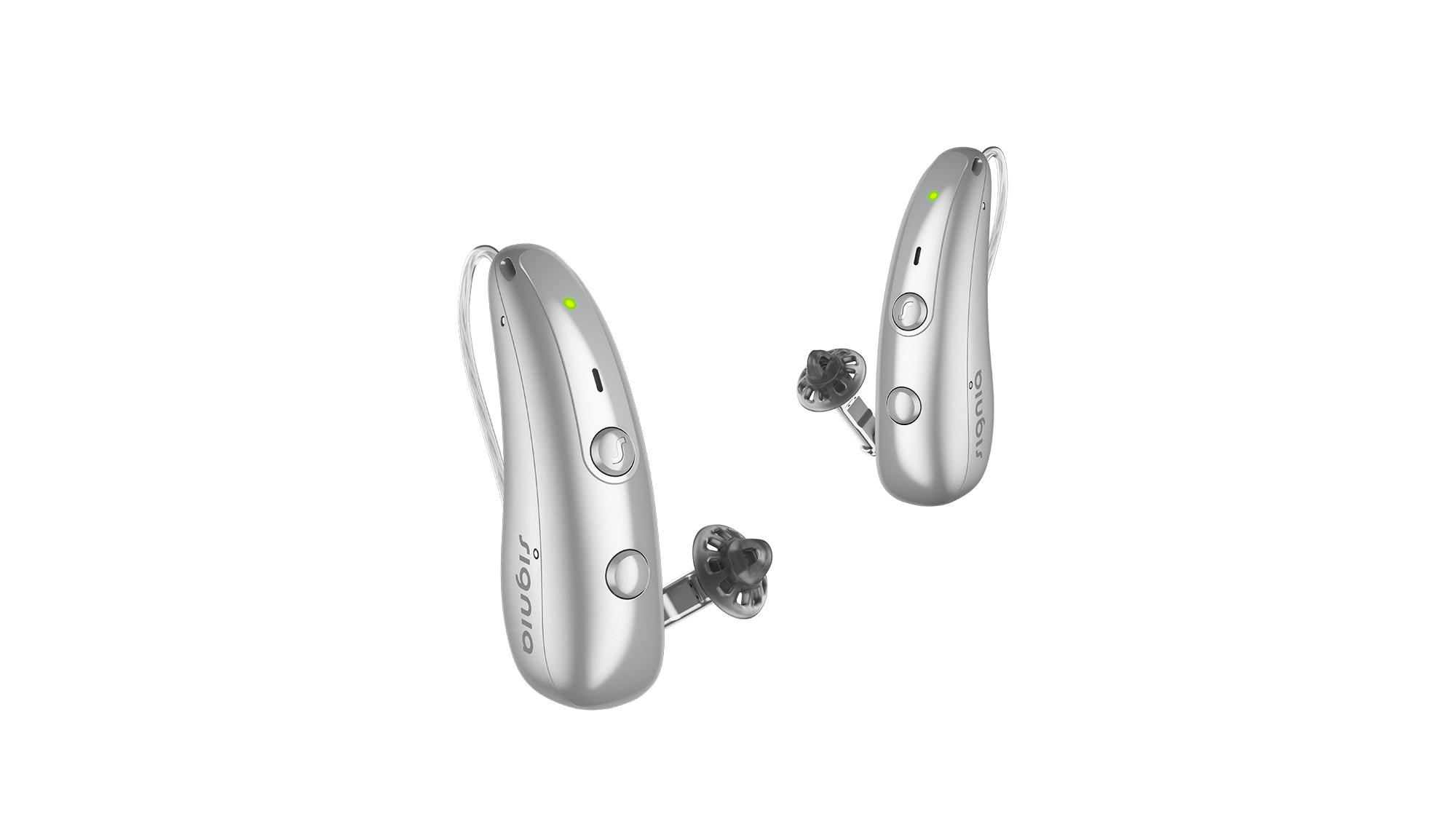 Signia RIC Pure Charge&Go hearing aids in silver - sitting tiny and descreet behind your ear.
