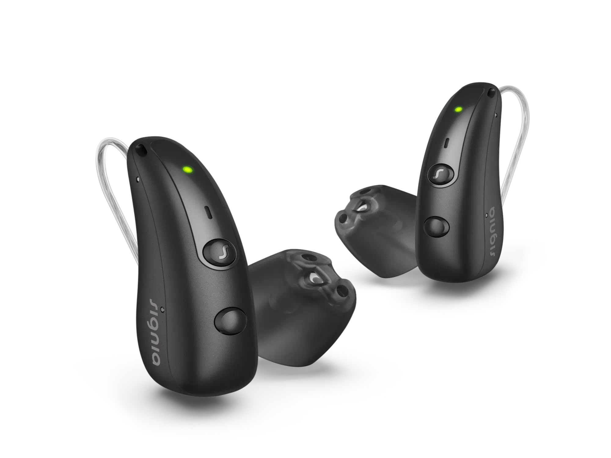 Two Signia hearing-aids designed for people with hearing-loss, featuring sleek design and LED indicators for easy use.