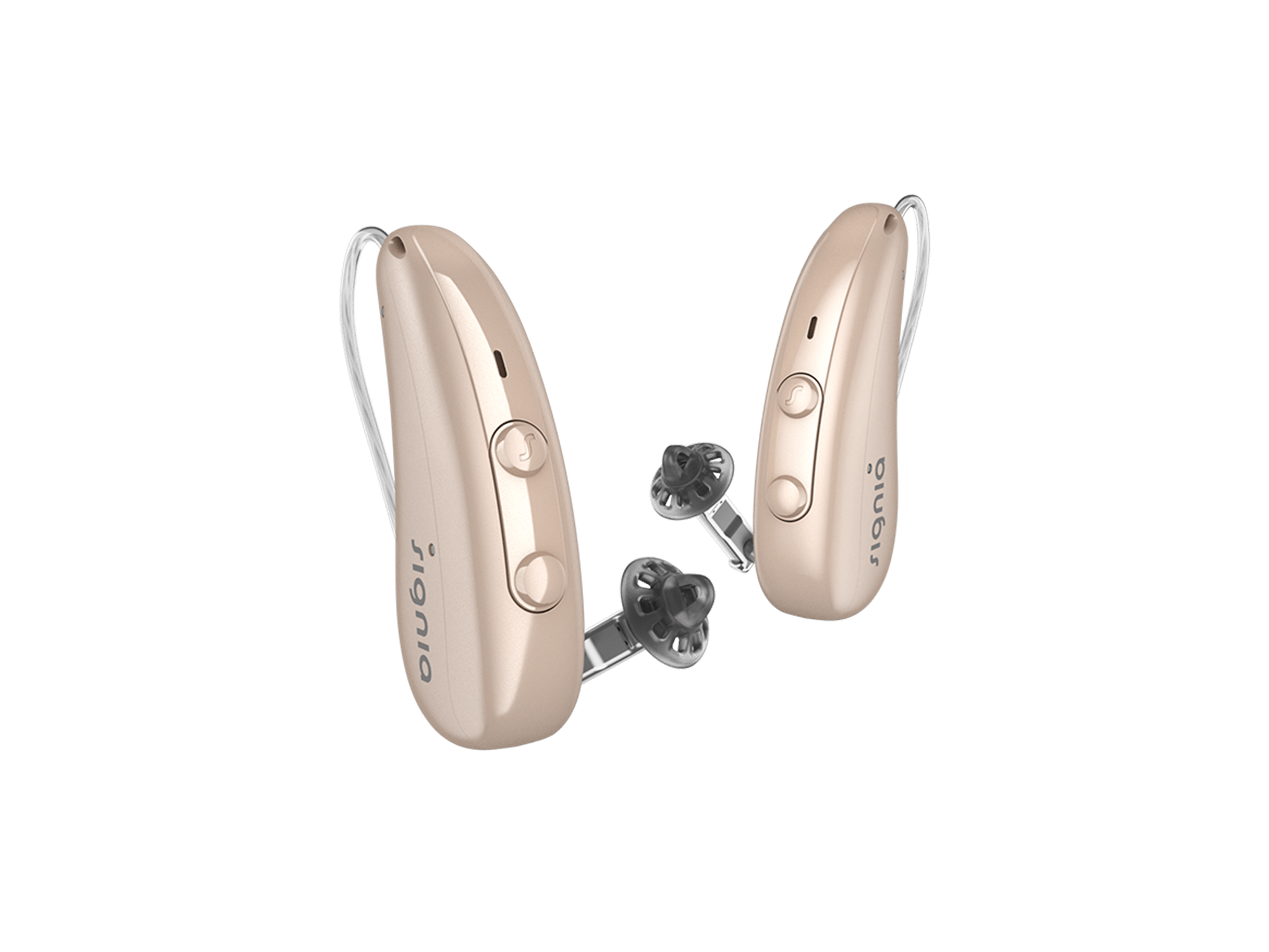 Two Signia hearing-aids designed for people with hearing-loss, featuring sleek design and LED indicators for easy use.