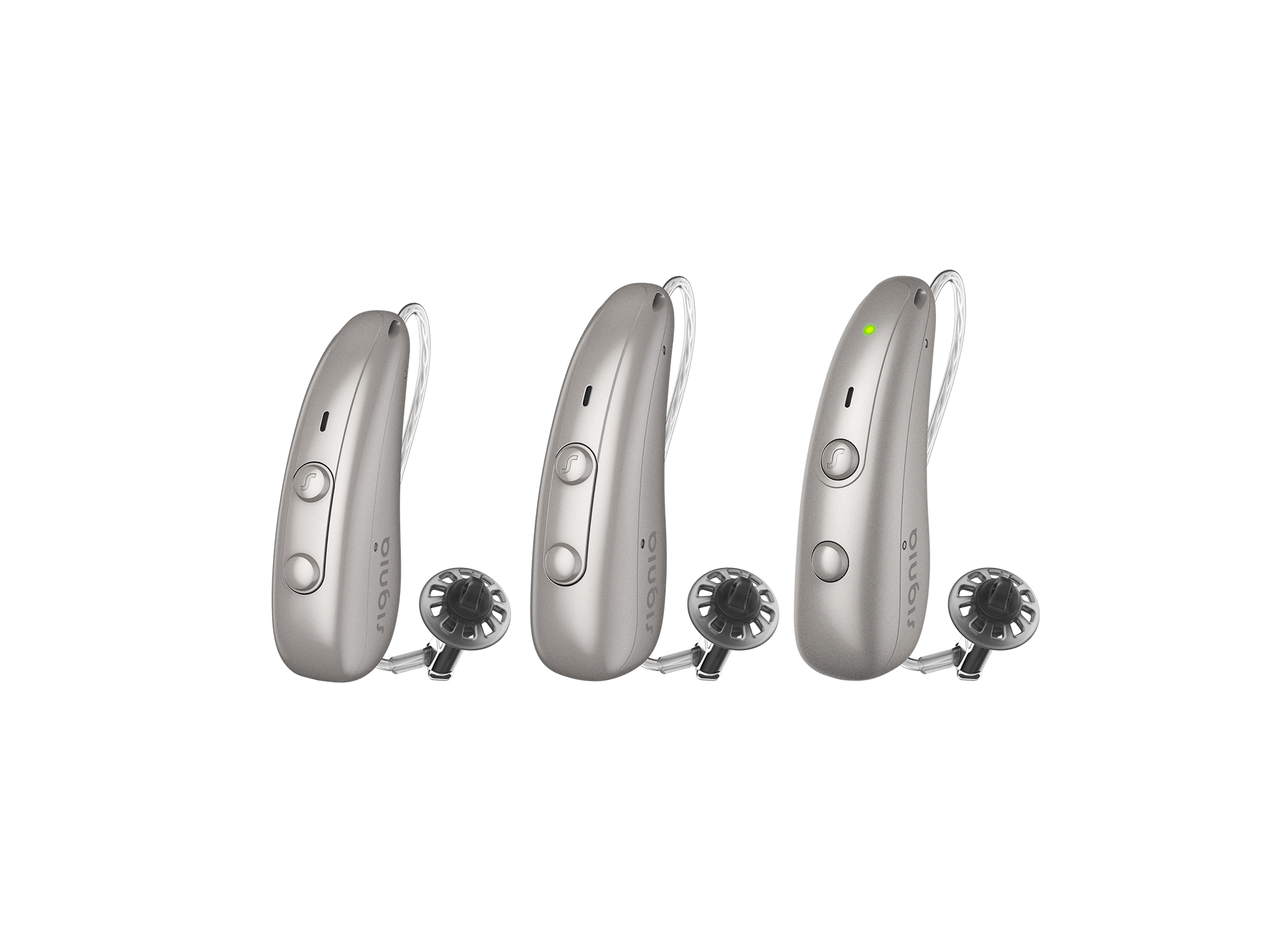 Three Signia hearing-aids designed for people with hearing-loss, featuring sleek design and LED indicators for easy use.