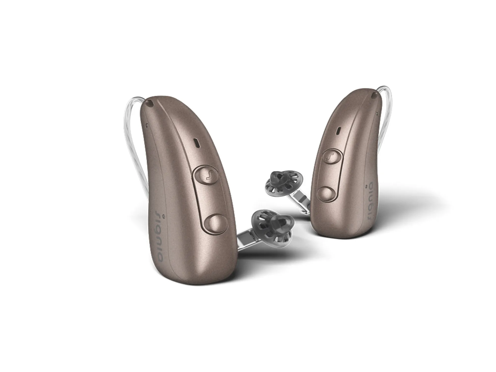 Two Signia hearing-aids designed for people with hearing-loss, featuring sleek design and LED indicators for easy use.