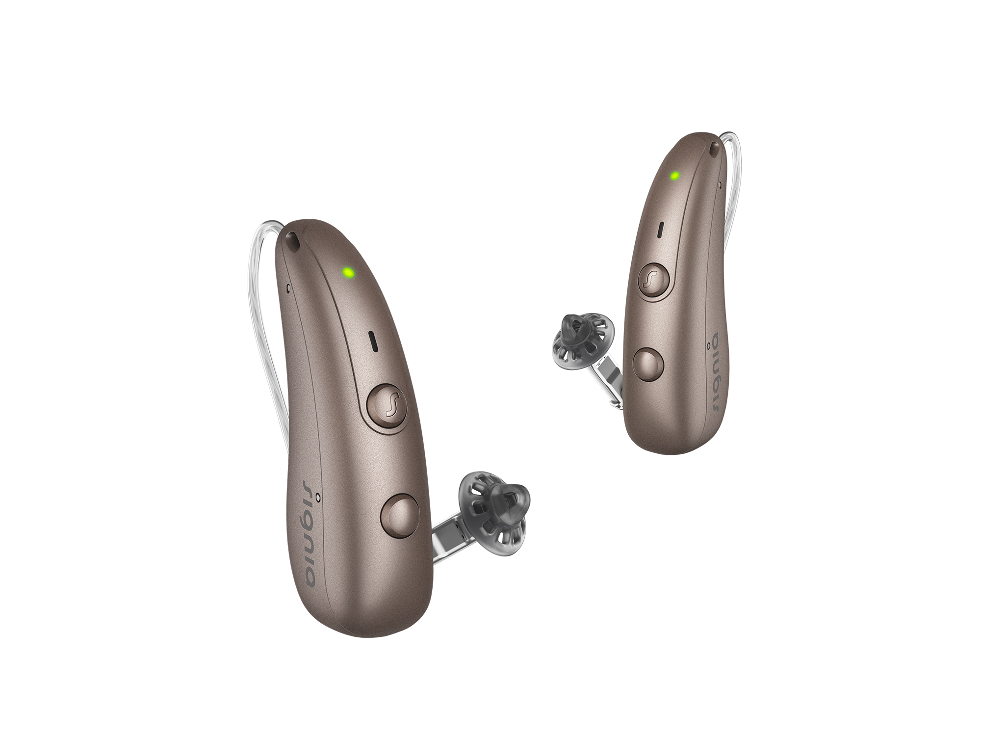 Two Signia hearing-aids designed for people with hearing-loss, featuring sleek design and LED indicators for easy use.