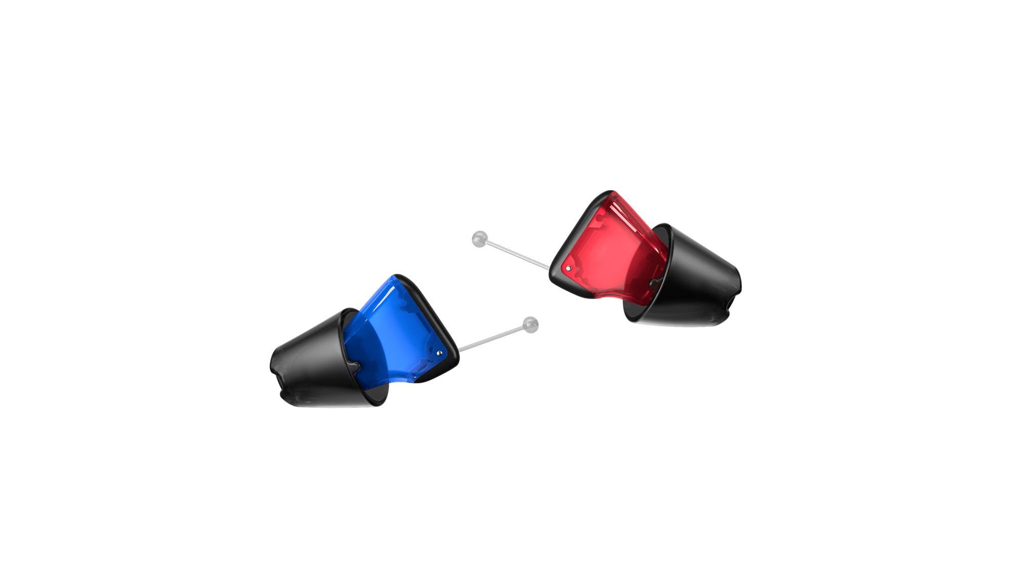 Modern black in-ear hearing aids with sleek casing and wire tips, designed for discreet hearing enhancement.
