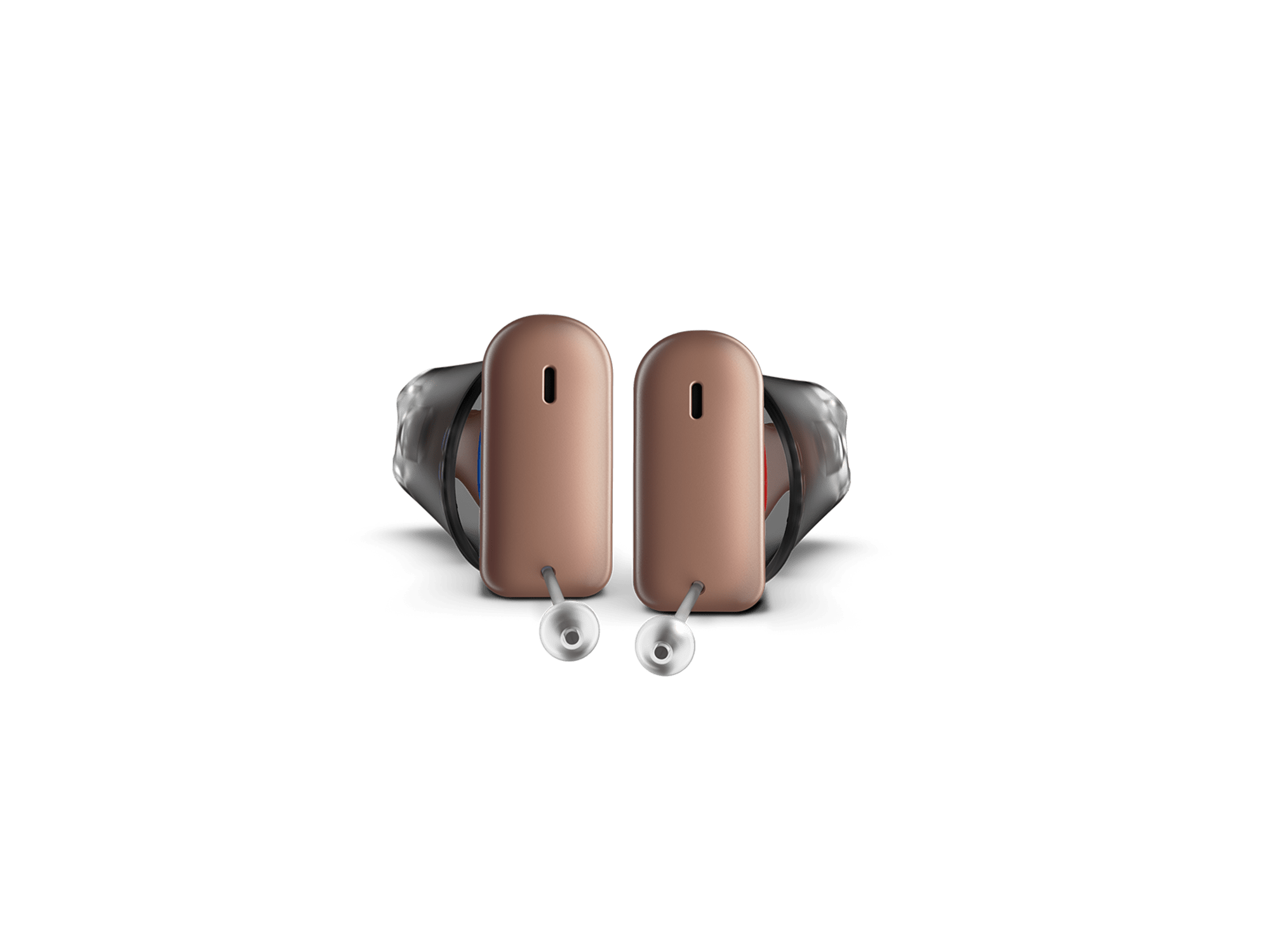Pair of discreet in-ear hearing aids with sleek brown casing and clear dome tips, designed for modern hearing-loss solutions.