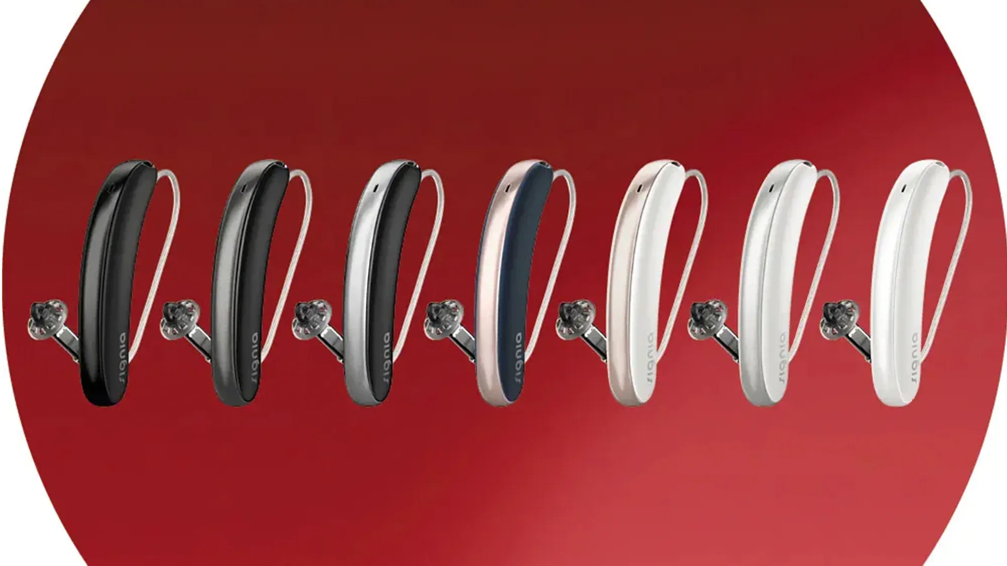 Signia Styletto IX illustrated in the whole range of colours. Choose to match your hair, skin or go bold.