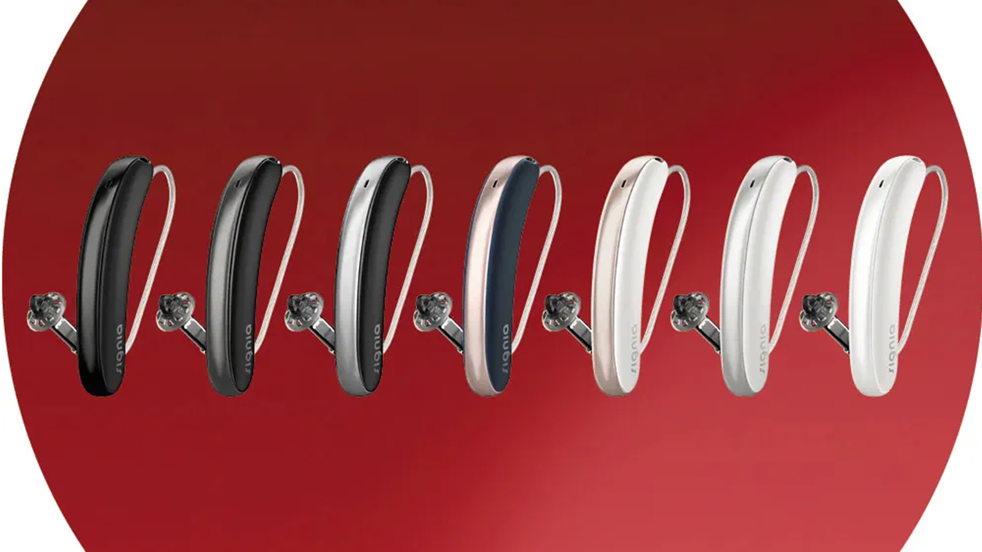 Signia Styletto IX illustrated in the whole range of colours. Choose to match your hair, skin or go bold.