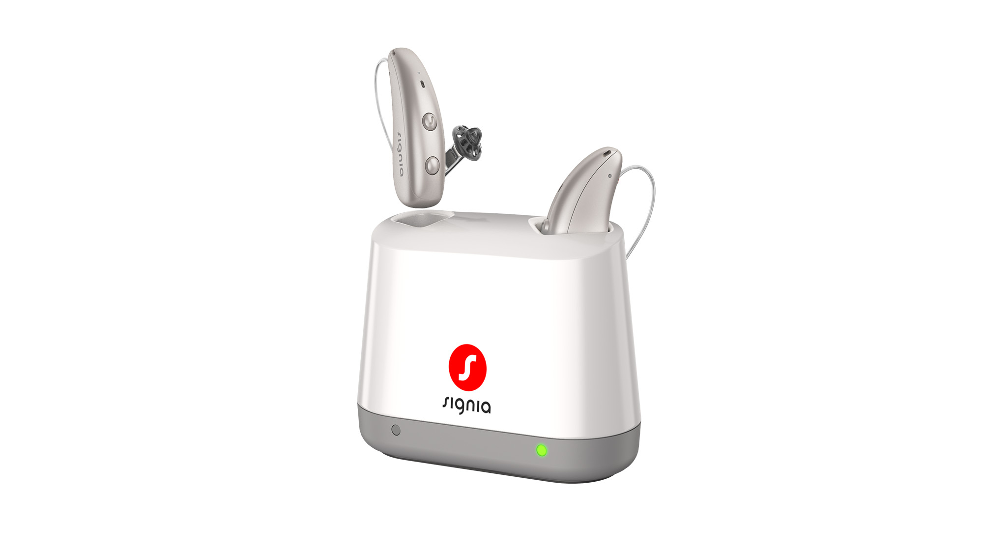 Signia desktop charger with one Pure Charge&Go hearing aid charging, ideal for users with hearing-loss.