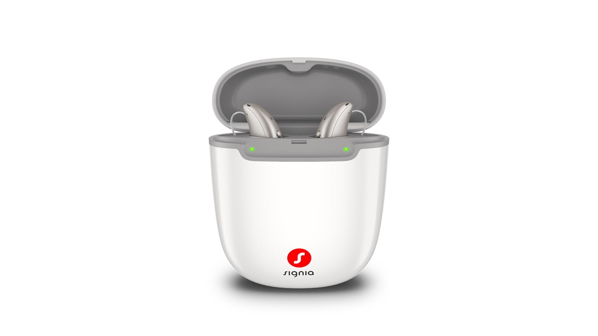 Signia portable charger with two Pure Charge&Go hearing aids charging, offering on-the-go power for hearing-loss users.