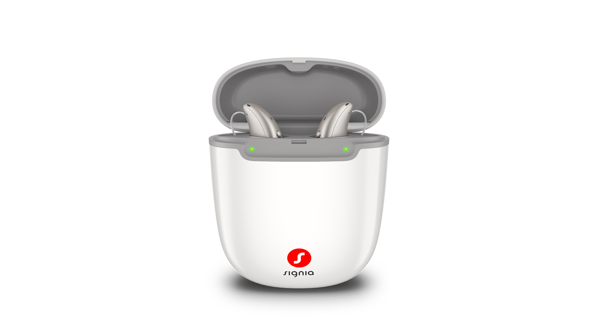 Signia portable charger with two Pure Charge&Go hearing aids charging, offering on-the-go power for hearing-loss users.