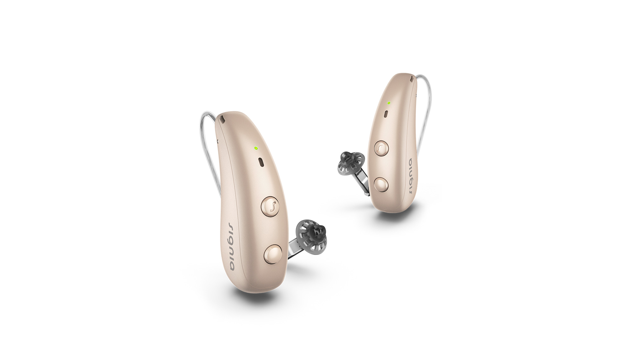 Pair of beige Signia Pure Charge&Go Max hearing aids designed for reliable performance for people with hearing-loss.