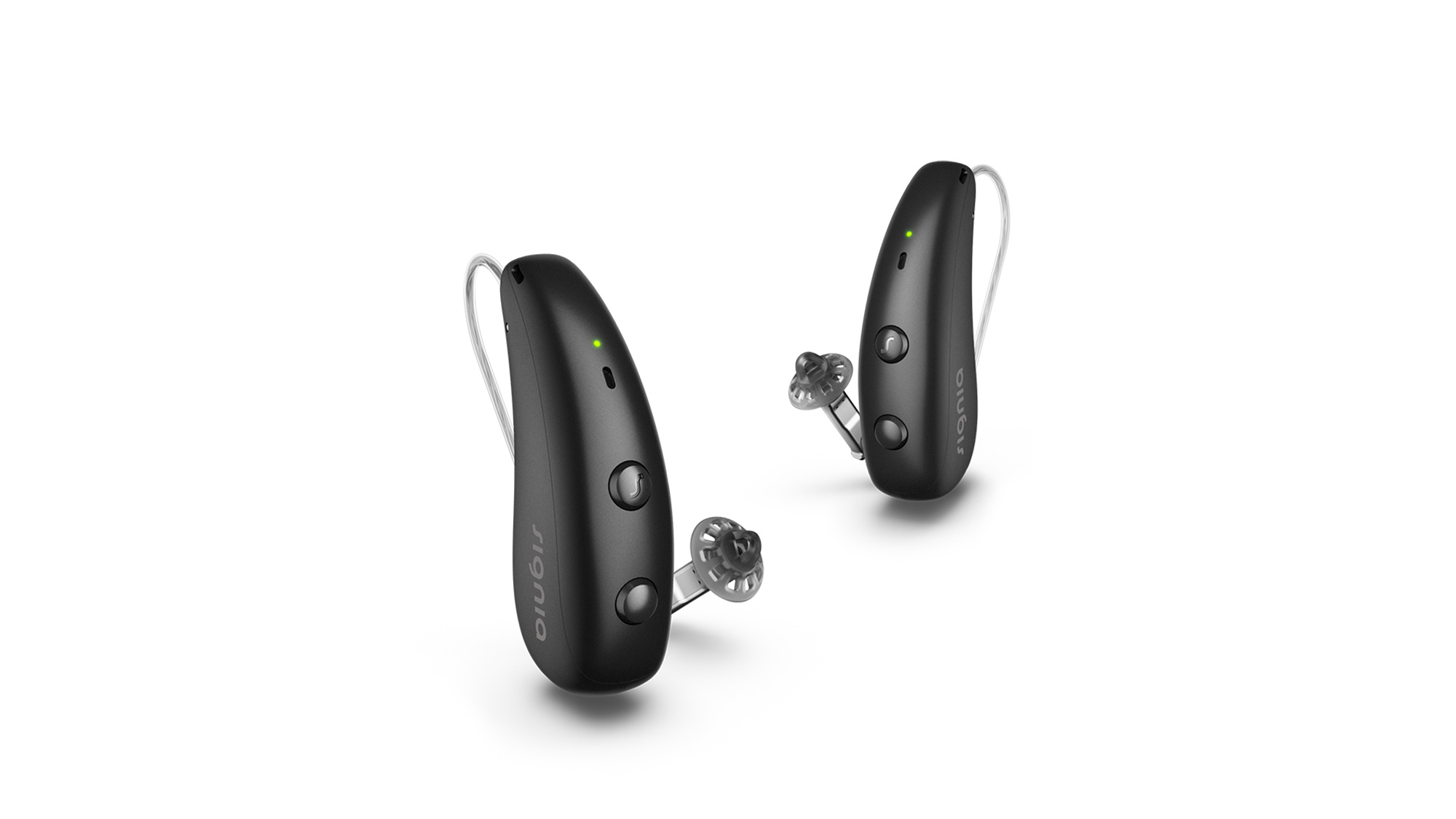 Pair of black Signia Pure Charge&Go Max hearing aids delivering advanced support for individuals with hearing-loss.