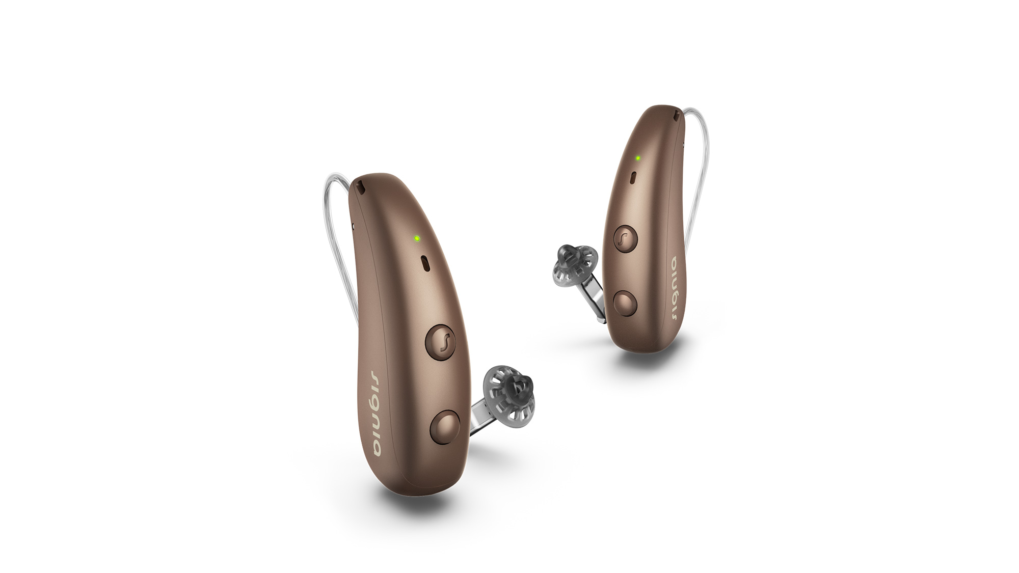 Pair of chestnut brown Signia Pure Charge&Go Max hearing aids designed for seamless hearing-loss assistance.