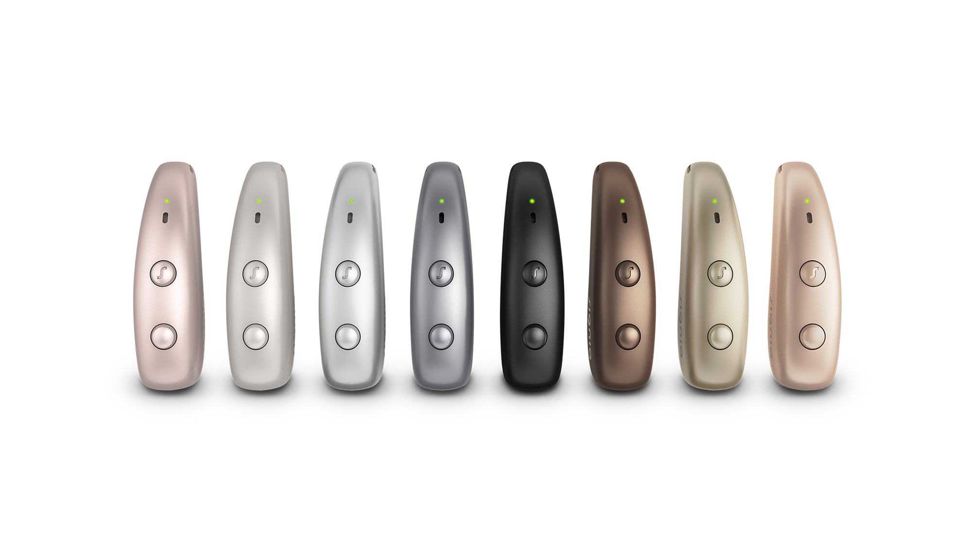 Signia Pure Charge&Go Max hearing aids shown in a full color range for stylish hearing-loss solutions.