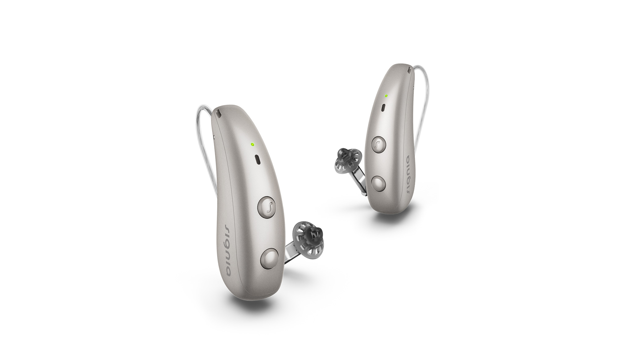 Pair of dark champagne Signia Pure Charge&Go Max hearing aids providing advanced solutions for hearing-loss.