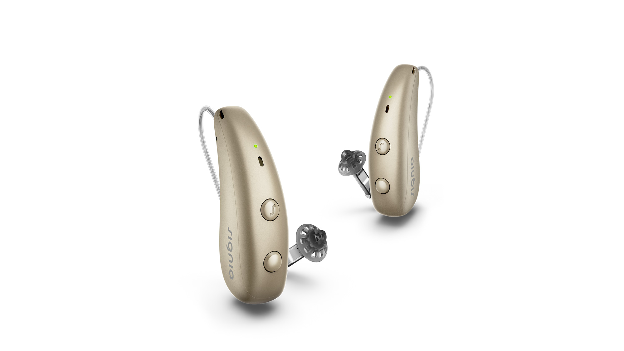 Pair of honey blonde Signia Pure Charge&Go Max hearing aids designed to provide advanced support for hearing-loss.