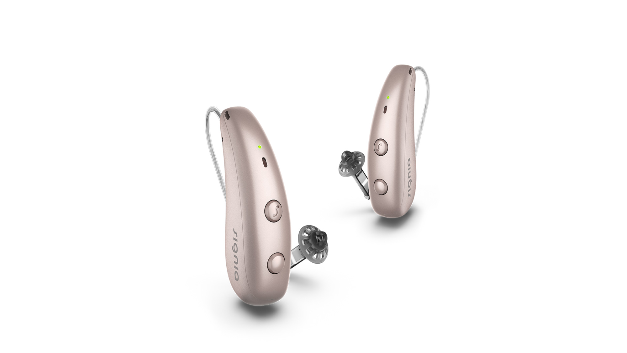 Pair of rose gold Signia Pure Charge&Go Max hearing aids offering stylish and effective solutions for hearing-loss.