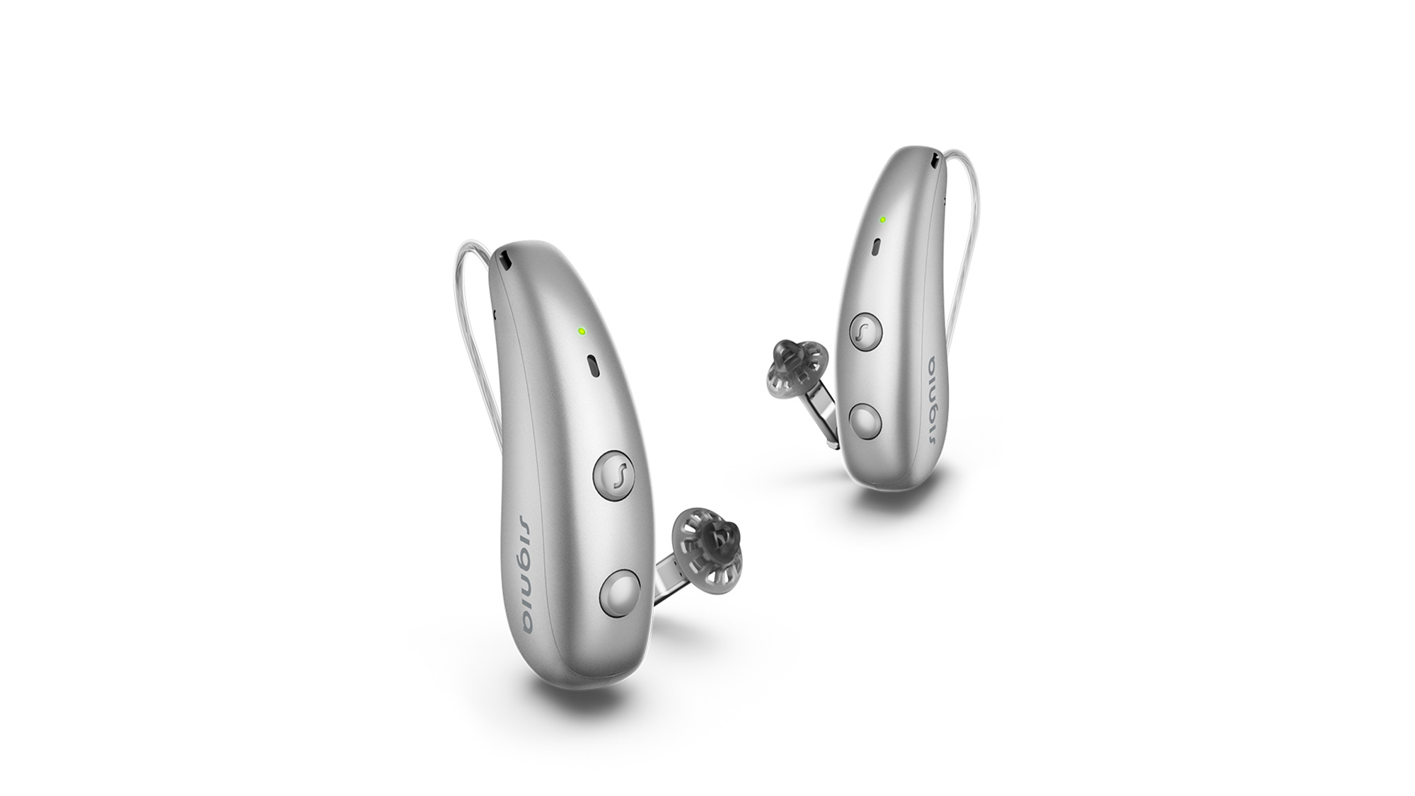 Pair of silver grey Signia Pure Charge&Go Max hearing aids providing modern design and advanced hearing-loss support.