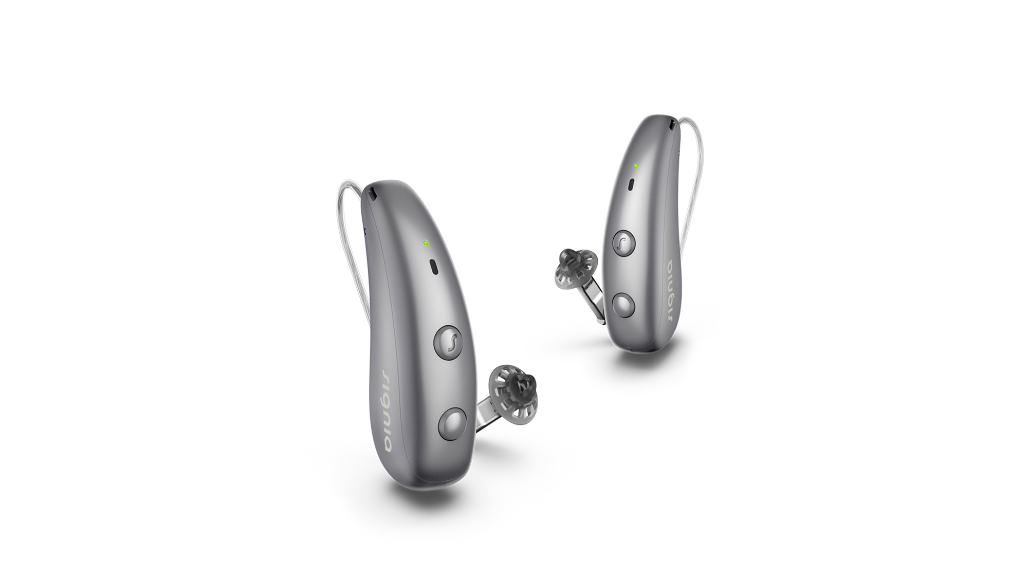 Pair of titanium grey Signia Pure Charge&Go Max hearing aids delivering sleek style and effective hearing-loss support.