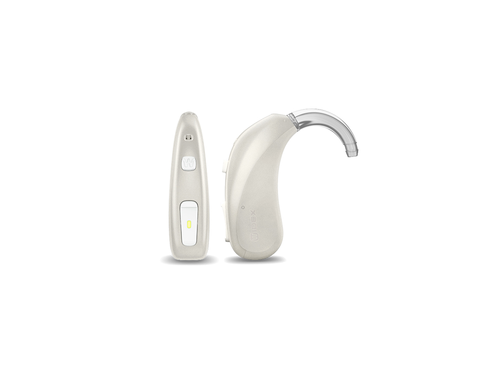 Widex Moment BTE RD hearing aids in a pearl white colour.