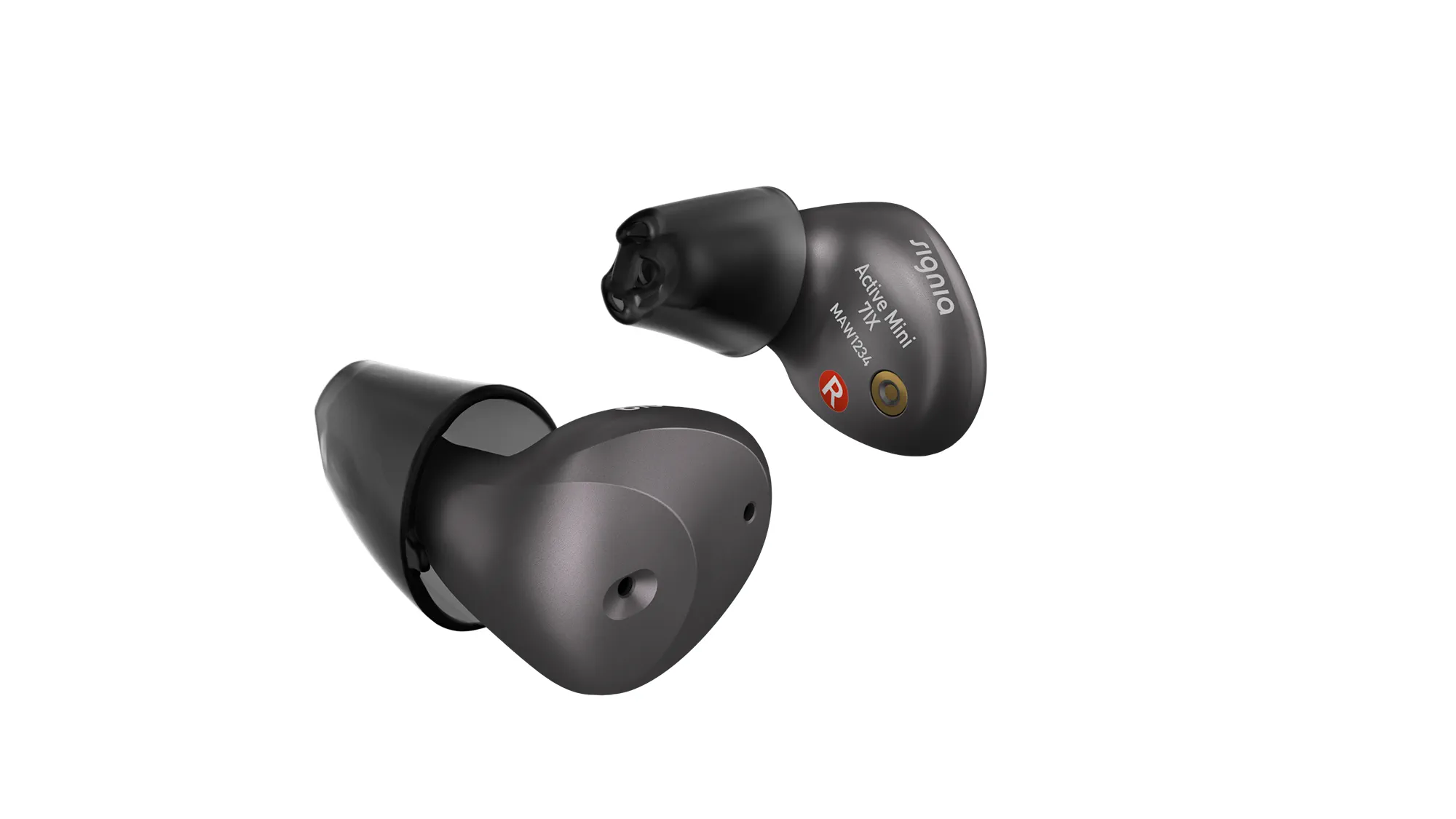 Signia Active Mini black hearing aids in earbud design