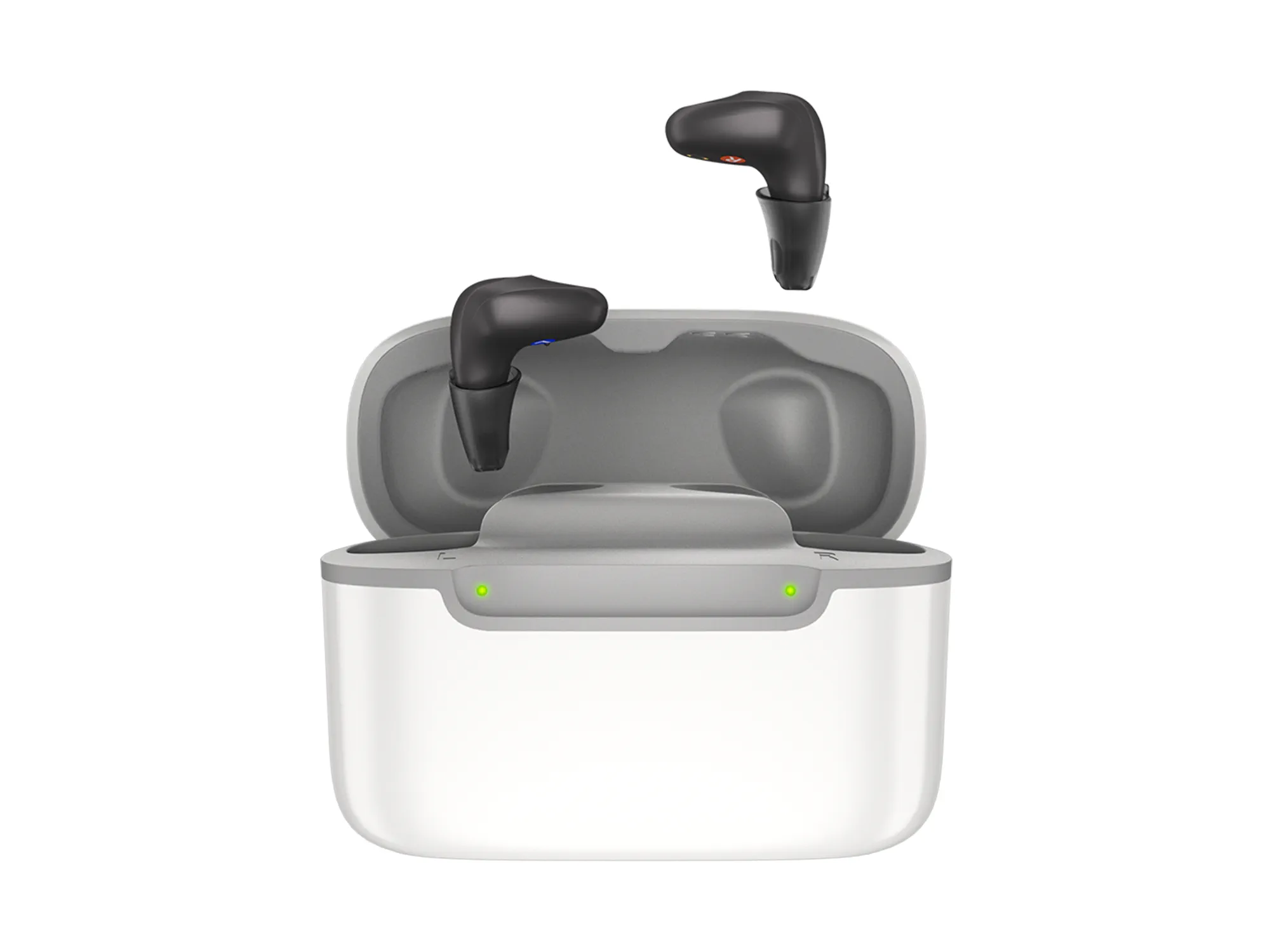 Signia Active Mini black hearing aids in pocket sized charging case.