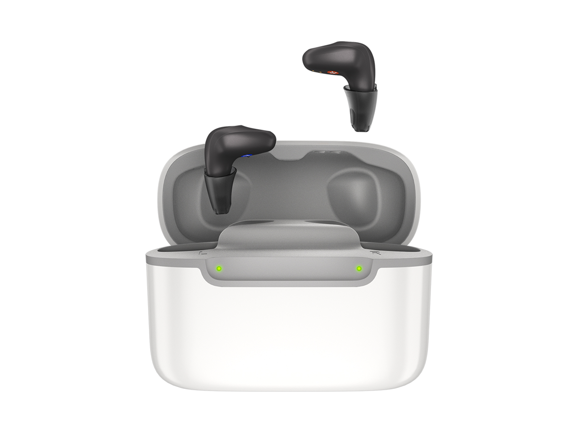 Signia Active Mini black hearing aids in pocket sized charging case.