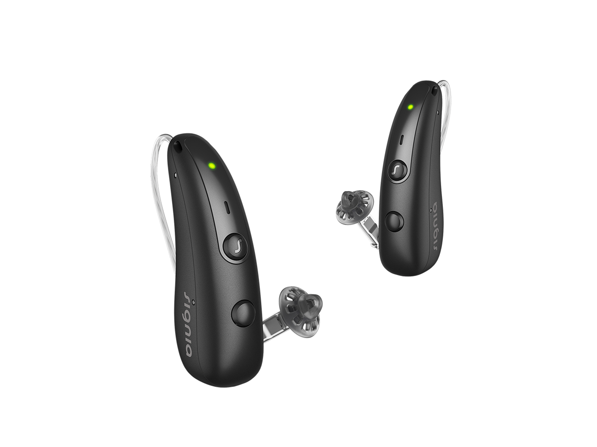 Two Signia hearing-aids designed for people with hearing-loss, featuring sleek design and LED indicators for easy use.