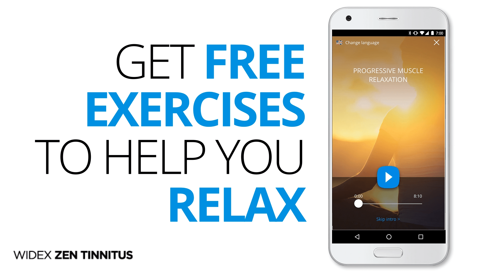 Widex tinnitus relief app screen showing soothing sound exercises and relaxation techniques to ease tinnitus symptoms